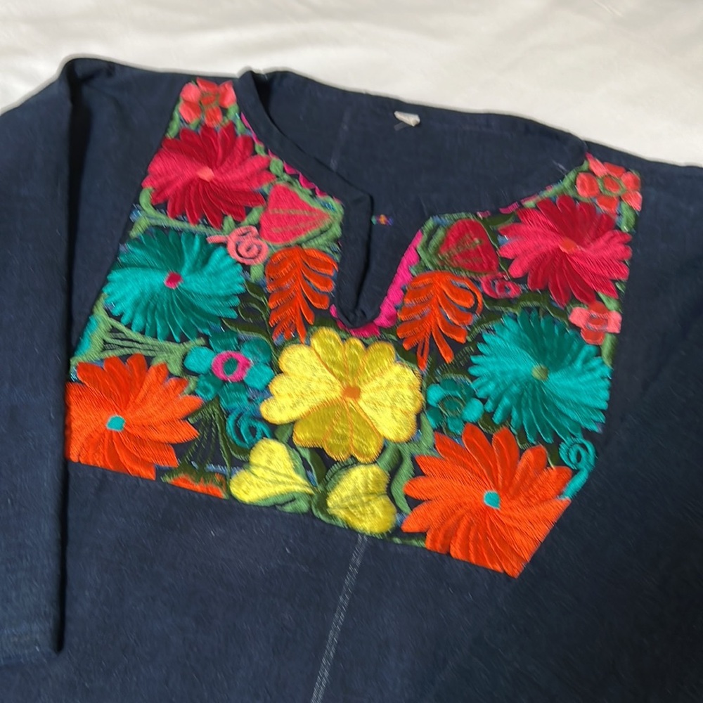 Huipil Guatemala Embroidered Denim Handwoven Top